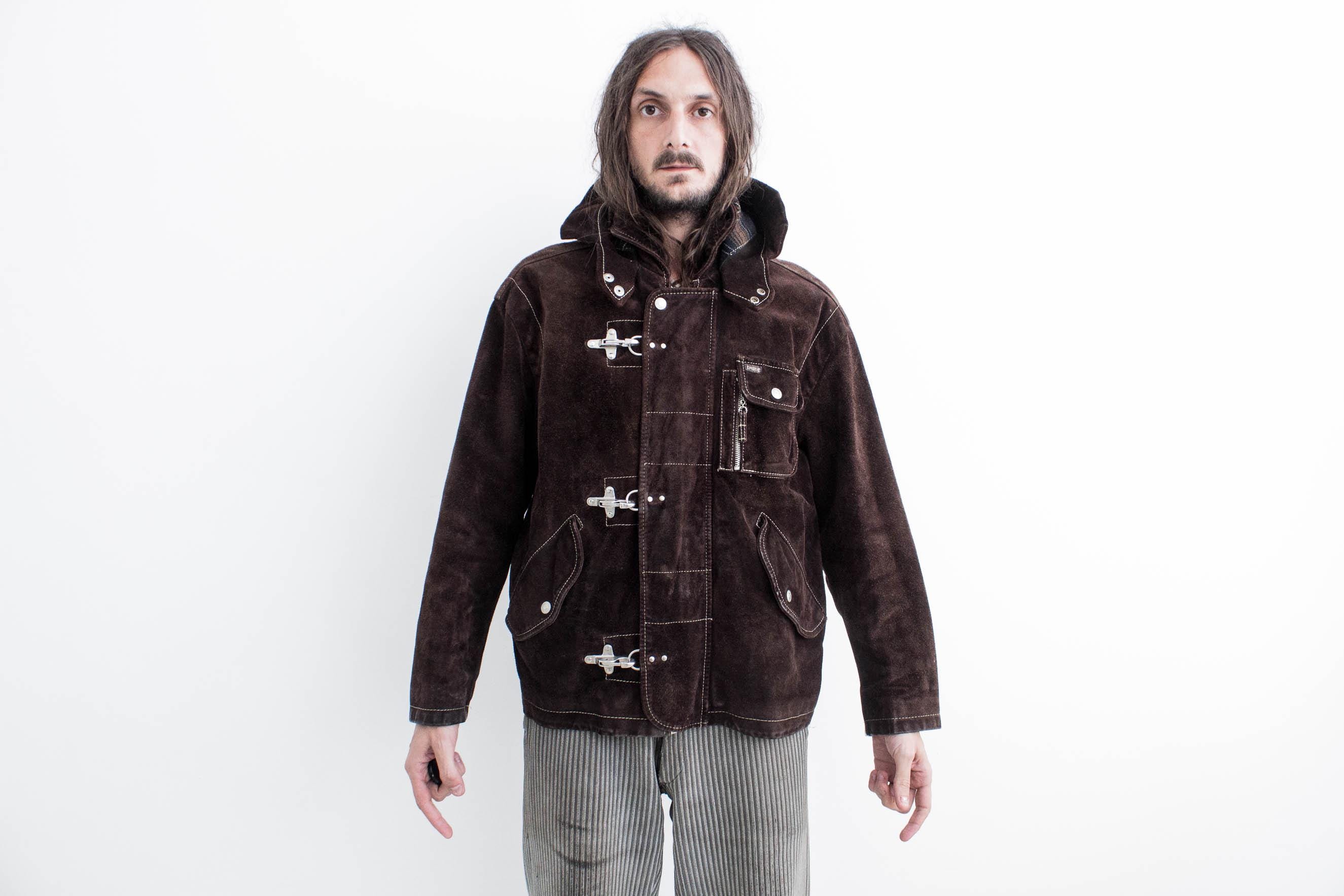 ENERGIE Suede Fire Fighter Jacket Metal Hook 1980S . Hooded