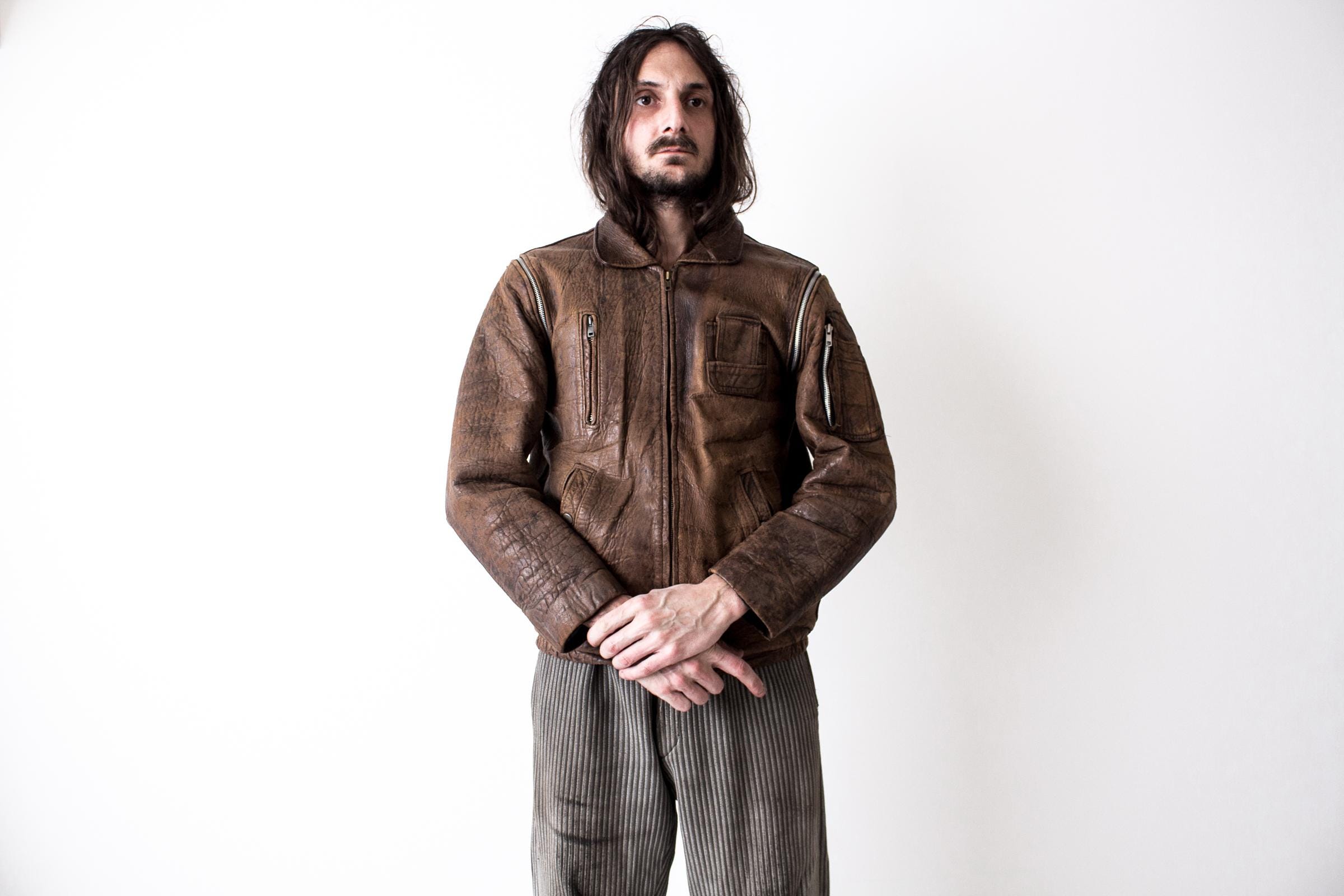 French Pilot Jacket Distressed Leather 1980s . Air Force Leather