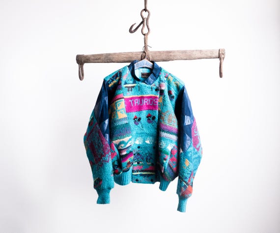 Turquoise Patchwork Tropical Wool Jacket 70s . Ba… - image 1