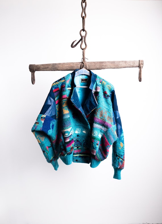 Turquoise Patchwork Tropical Wool Jacket 70s . Ba… - image 11