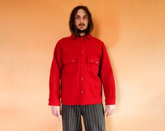 Red Wool Shirt Jacket 1970s . Flannel Shirt Woolen Mills Button Down Shirt . Woollen Shirt 90s Made In USA