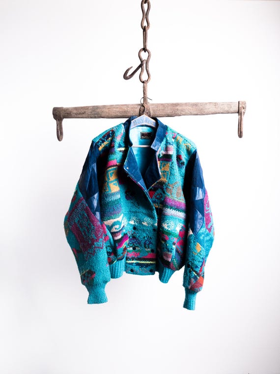 Turquoise Patchwork Tropical Wool Jacket 70s . Ba… - image 13