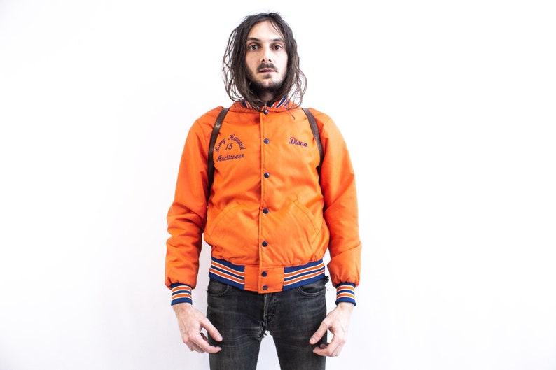 VARSITY Jacket Orange 80s Baseball Jacket . Nylon Starter Jacket Retro Bomber Teddy USA Jacket . Satin Starter jacket University image 1