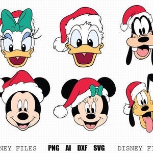 May include: A digital graphic set featuring six cartoon character heads wearing red and white Santa hats. The characters include Daisy Duck, Donald Duck, Goofy, Mickey Mouse, Minnie Mouse, and Pluto. Text at the bottom reads DISNEY FILES PNG AI DXF SVG.