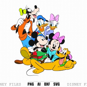 May include: A digital illustration featuring Goofy in an orange sweater, Donald Duck in a blue hat, Daisy Duck with a pink bow, Mickey Mouse, Minnie Mouse with a pink bow, and Pluto. The text at the bottom reads DISNEY FILES PNG AI DXF SVG.