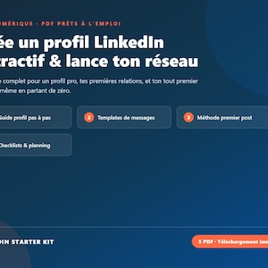 Op de afbeelding: Een digitale PDF-kit met een donkerblauwe achtergrond met de tekst: KIT NUMÉRIQUE - PDF PRÊTS À L'EMPLOI, Crée un profil LinkedIn attractif & lance ton réseau, Guide profil pas à pas, Templates de messages, Méthode premier post, Checklists & planning.