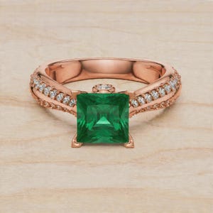 925 Sterling Silver Ruby•Emerald Halo Ring •  Dual Row Zircon Tapered Band  • Promise Ring