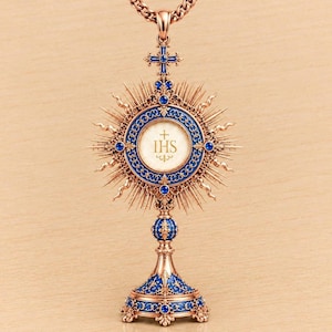 925 Sterling Silver Holy Eucharist Monstrance pendent, Statement Jewelry, Blue Gemstone Pendant, Handmade Blue Meenakari Work