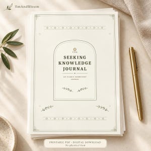 May include: A stack of cream-colored paper sheets featuring a printed journal cover design. The text reads THE SEEKING KNOWLEDGE JOURNAL AN ISLAMIC KNOWLEDGE JOURNAL. The design includes an arched frame, botanical line art, and geometric borders.