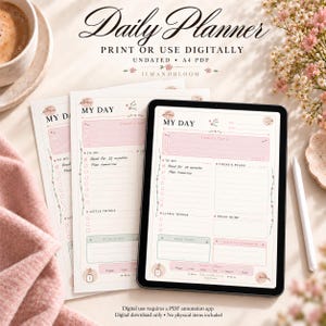 Peut inclure: Un modèle de planificateur quotidien au format PDF A4, affiché sur un écran de tablette et des feuilles imprimées. La mise en page comprend des sections pour My Day, Today's Top 3, To-Do, Today's Plans, Little Things, Brain Dump, Done Today et Move to Tomorrow en rose.