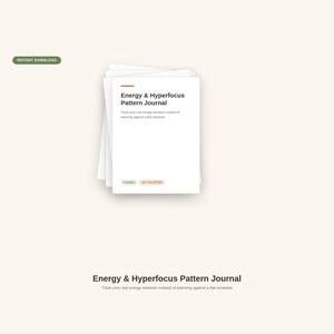May include: A stack of white paper sheets titled Energy & Hyperfocus Pattern Journal with the subtitle Track your real energy windows instead of planning against a flat schedule. The document includes labels for 8 pages and A4 + US Letter size.