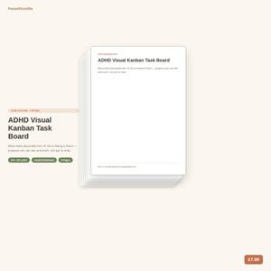 Puede incluir: Una pila de hojas de papel blancas con el texto ADHD Visual Kanban Task Board. El documento incluye el subtítulo: Move tasks physically from To Do to Doing to Done — progress you can see and touch, not just re-read. El pie de página dice: This is a productivity and organisation tool.