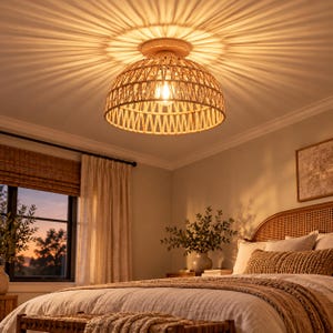 May include: A dome-shaped ceiling light fixture featuring a woven tan rattan shade with a geometric pattern. The light is mounted to the ceiling, casting a warm, radial glow and distinct shadow patterns across the surrounding ceiling surface.