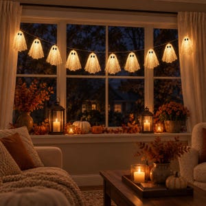 Könnte beinhalten: Eine Lichterkette mit weißen, geisterförmigen Leuchten, die vor einem Fenster hängt. Jeder Geist hat zwei dunkle, ovale Augen. Die Lichter strahlen ein warmes Licht aus. Die Kette besteht aus elf einzelnen Geisterfiguren in einer Reihe.