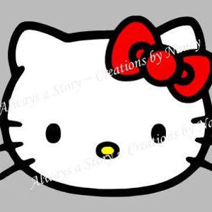 May include: A white cartoon cat with black outlines and a red bow. The cat has black eyes and a yellow nose.