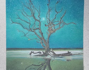 May include: An original painting of a bare tree with a reflection in the water. The artwork features a teal and blue starry sky, with the tree's silhouette and reflection in the water below. The artist's signature is in the bottom right corner.
