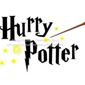 May include: Black and white graphic design with the text "Hurry Potter" and a brown wand with yellow stars. The design also includes a lightning bolt and a yellow swirl.