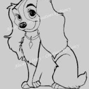 May include: Black and white line art illustration of a cartoon dog with large eyes and a collar. The dog is sitting with its legs crossed and its tail curled around its body.