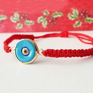 Red Macrame Evil Eye Bracelet, Glass Charm Protection Jewelry