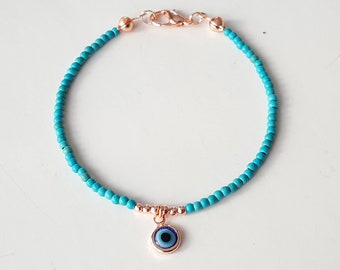 Turquoise Evil Eye Bracelet, Rose Gold Protection Jewelry