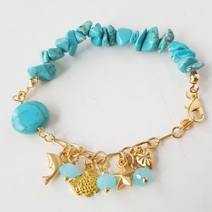 Raw Turquoise Beaded Bracelet, Gold Chain Charm Anklet