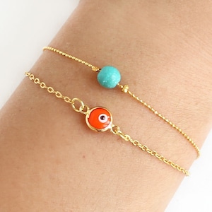 Evil eye bracelet, dainty gold bracelet, tiny bracelet, layered bracelet, turquoise orange bracelet, turquoise bracelet