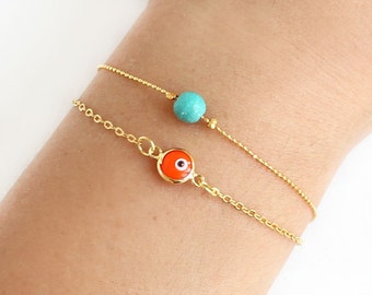 Evil eye bracelet, Dainty gold bracelet, Tiny bracelet, Layered bracelet, Istanbul turkey jewelry, turquoise orange bracelet