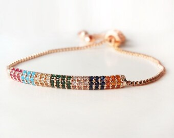 Rainbow CZ Tennis Bracelet, 14k Gold Plated, Adjustable
