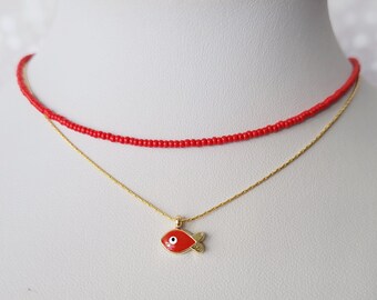 Little red fish necklace, good luck jewelry, red beaded necklace, enamel fish charm, birthday gift