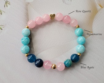 Healing stone bracelet, rose quartz, blue agate, aquamarine, crystal gemstone bracelet, natural gemstone jewelry, kids bracelet