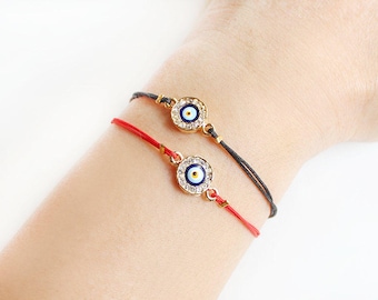 Evil eye bracelet, black string bracelet, red string bracelet, valentine's day gift, birthday gift, crystal evil eye, best friend gift