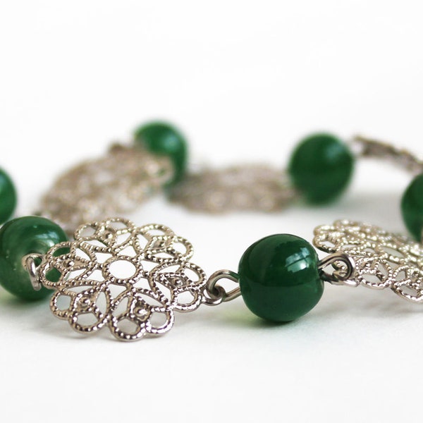 SALE - Green bracelet glass beads and silver plated filigree bracelet elegant gift for her valentin jewelry best friend birthday