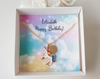 Collier licorne personnalisé, initiales en or, breloque en émail, cadeau d'anniversaire pour fille