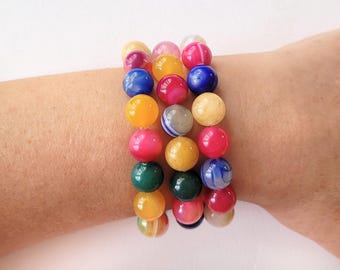 Pulseira de ágata colorida, contas de pedras preciosas de 10 mm, pulseira elástica