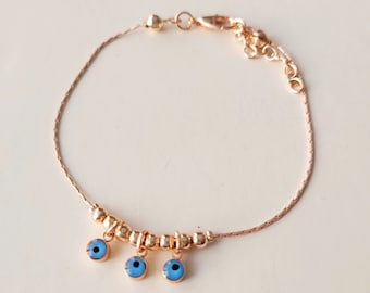 Evil eye chain bracelet, rose gold chain bracelet, blue evil eye, charm bracelet, protection jewelry, birthday gift, good luck bracelet