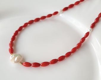 Red Coral Necklace With Baroque Pearl, Elegant Coral Jewelry