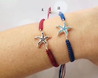 Pulsera de estrella de mar de oro rosa, pulsera de macramé con circonitas cúbicas, joyería de verano