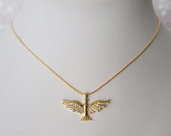 Phoenix necklace, bird jewelry, firebird charm, gold phoenix pendant, cz necklace, greek mythology bird, phoenix bird gift