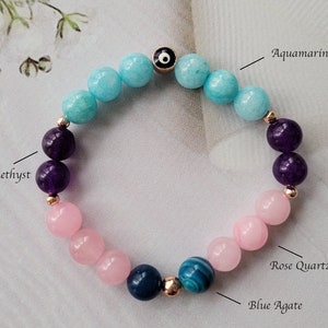 Gemstone Bracelet: Amethyst, Rose Quartz, Aquamarine, Blue Agate, Kids Protection
