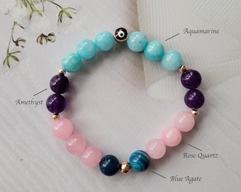 School children success bracelet, amethyst, rose quartz, blue agate, aquamarine, crystal gemstone bracelet, kids protection wristband