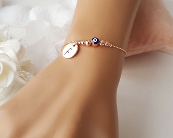 Rose Gold Evil Eye Bracelet, Personalized Initial Disc, Protection Jewelry