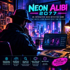 Puede incluir: Una persona con fedora se sienta ante un portátil que muestra el juego de detectives Neon Alibi 2077. La pantalla muestra perfiles de personajes, mientras que el escritorio presenta fotos de pruebas e iconos de juego para la investigación.