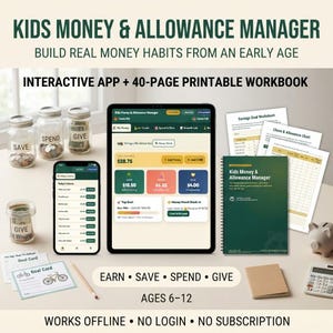 Peut inclure: Kit Kids Money & Allowance Manager comprenant une application interactive sur tablette et smartphone, un cahier imprimable de 40 pages, trois bocaux en verre étiquetés Save, Spend et Give, des cartes d'objectifs et une calculatrice pour enfants.