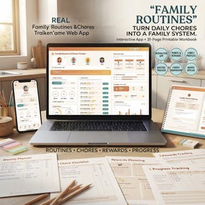 May include: A laptop and smartphone displaying the Family Routines & Chores web app, accompanied by a 31-page printable workbook. The screen shows a dashboard with family profiles, chore lists, and progress trackers. Printed sheets include weekly planners, chore checklists, and rewards planning pages.