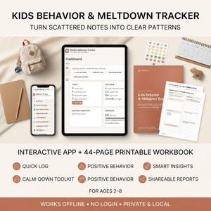 May include: A kids behavior and meltdown tracker set including a tablet and smartphone displaying a dashboard app, a 44-page printable workbook, a small beige backpack, a notebook with a pencil, a calendar, and a sheet of star stickers.