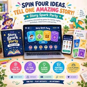 May include: Story Spark Party storytelling game featuring a laptop displaying the game interface, a tablet showing the host guide, a smartphone with player selection, and printable idea cards. Includes 1 HTML file, 13-page PDF guide, 8 story worlds, and 330+ ideas for 2-8 players.