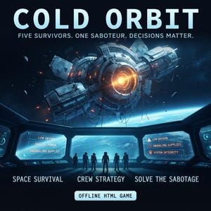 May include: Cold Orbit game graphic featuring a space station labeled Orpheus Depot, six silhouettes in a control room, and text: Five survivors. One saboteur. Decisions matter. Space survival, crew strategy, solve the sabotage, offline HTML game.