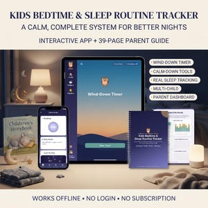 May include: A kids bedtime and sleep routine tracker system featuring an interactive app on a tablet and smartphone, a 39-page parent guide, and a workbook. The interface displays a wind-down timer, calm-down tools, and a parent dashboard.