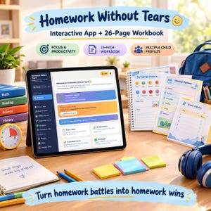 以下が含まれることがあります： Homework Without Tearsアプリのインターフェースを表示したタブレット、26ページのワークブック、週間プランナー、感情チェックシート、黄色いアナログタイマー、手書きメモ付きのノート、青いヘッドフォンがデスクの上に置かれています。