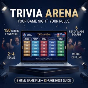 May include: A laptop displaying the Trivia Arena interactive game show interface with categories like World Cultures, Science & Tech, Music History, Literature, and Sports & Games. Includes 150 clues, 6 boards, and a 13-page host guide.